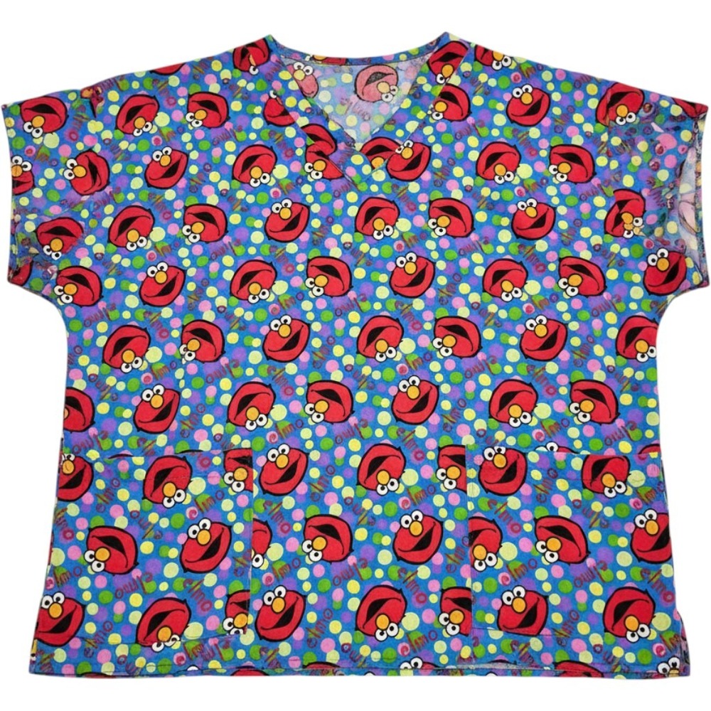 Sesame Street Elmo Scrub Top Women XL Blue Polka Dot V-Neck Short Sleeve Pockets